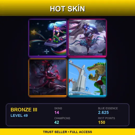 NA | Arcade Sona | Spirit Blossom Kindred | Blood Moon Zyra | Pool Party Renekton | 14 Skin | 42 Champ | Bronze III | Lv49