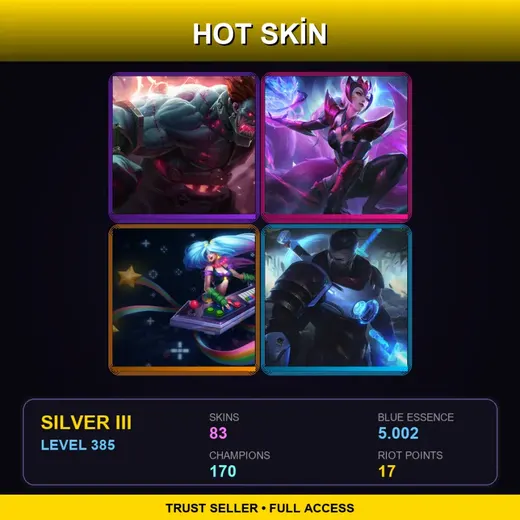 LAS | Hextech Sion | Challenger Ahri | Arcade Sona | Pulsefire Shen | 83 Skin | 170 Champ | Silver III | Lv385