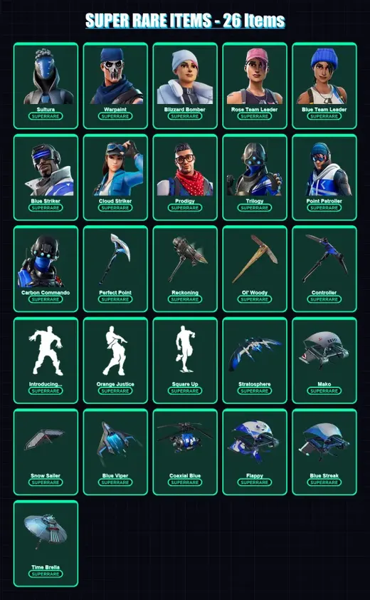 [PC/XBOX] | Sultura | Warpaint | Blizzard Bomber | Rose Team Leader | Blue Team Leader | 31 skin | 114 pickaxe | 88 emote | 97 glider | Lv1342