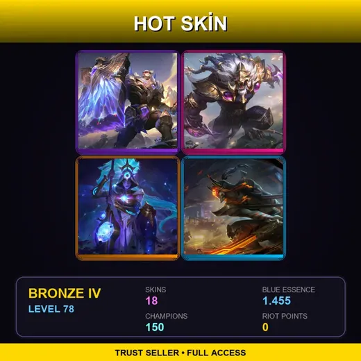 EUW | Victorious Braum | Victorious Rengar | Cosmic Huntress Nidalee | Inkshadow Master Yi | 18 Skin | 150 Champ | Bronze IV | Lv78