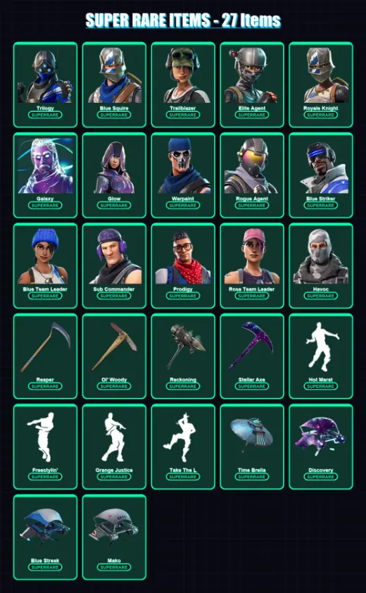[PC] | Trilogy | Blue Squire | Trailblazer | Elite Agent | Royale Knight | 69 skin | 94 pickaxe | 83 emote | 80 glider | Lv1147