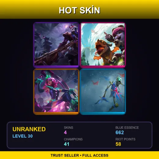 EUW | Blood Moon Jhin | Dragon Trainer Tristana | Battle Boss Qiyana | Union Jack Fiddlesticks | 4 Skin | 41 Champ | Lv30
