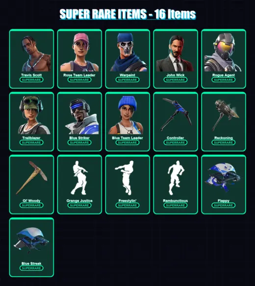 [PS4/PS5/XBOX/PC] | Travis Scott | Rose Team Leader | Warpaint | John Wick | Rogue Agent | 94 skin | 67 pickaxe | 163 emote | 74 glider | Lv1101