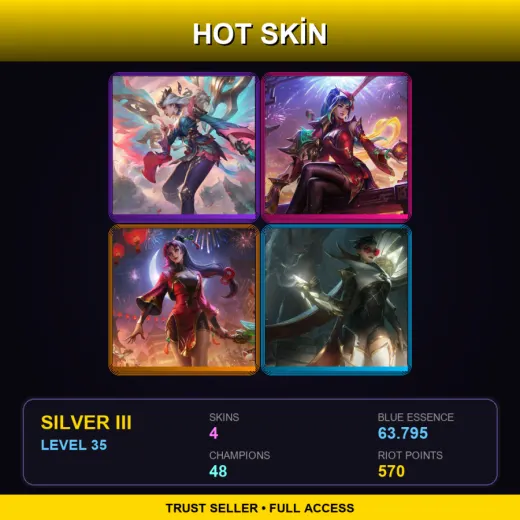 LAN | Immortal Journey Kayle | Firecracker Caitlyn | Firecracker Diana | Sentinel Vayne | 4 Skin | 48 Champ | Silver III | Lv35