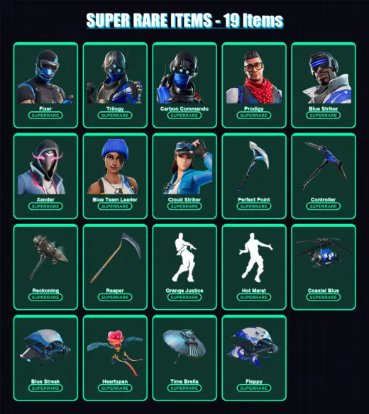 [PC/XBOX] | Fixer | Trilogy | Carbon Commando | Prodigy | Blue Striker | 86 skin | 100 pickaxe | 86 emote | 102 glider | Lv1390