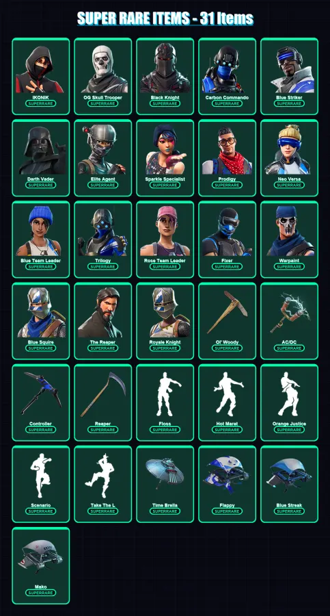 [PC] | IKONIK | OG Skull Trooper | Black Knight | Carbon Commando | Blue Striker | 184 skin | 227 pickaxe | 200 emote | 201 glider | Lv3439