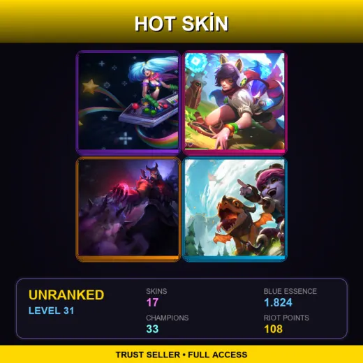 LAN | Arcade Sona | Arcade Ahri | Blood Moon Shen | Dragon Trainer Tristana | 17 Skin | 33 Champ | Lv31