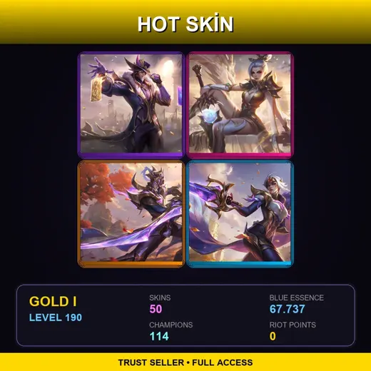 BR | Victorious Twisted Fate | Prestige Valiant Sword Riven | Victorious Master Yi | Victorious Fiora | 50 Skin | 114 Champ | Gold I | Lv190