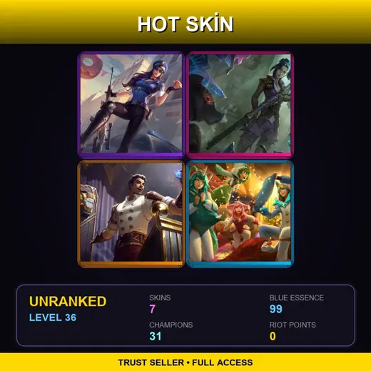 LAN | Officer Caitlyn | Arcane Enforcer Caitlyn | Arcane Inventor Jayce | Pajama Guardian Miss Fortune | 7 Skin | 31 Champ | Lv36