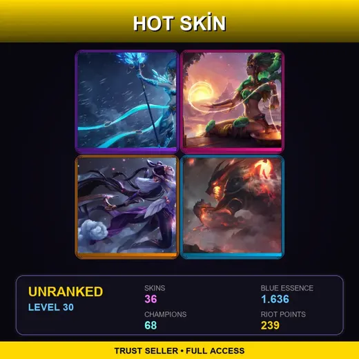 EUW | Frost Queen Janna | Sun Goddess Karma | Lunar Goddess Diana | Firefang Warwick | 36 Skin | 68 Champ | Lv30
