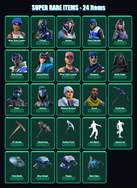 [PC] | Blue Team Leader | Trilogy | Xander | Point Patroller | Glow | 219 skin | 183 pickaxe | 118 emote | 152 glider | Lv1818