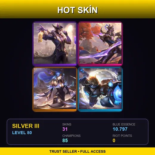 LAS | Victorious Twisted Fate | Victorious Master Yi | Victorious Sona | Pulsefire Ezreal | 31 Skin | 85 Champ | Silver III | Lv80