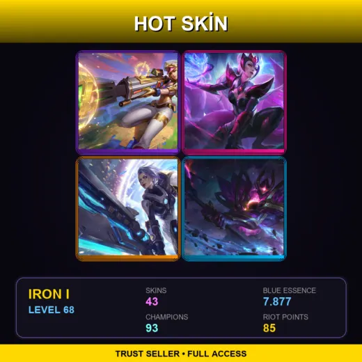 BR | Prestige Arcade Caitlyn | Challenger Ahri | Pulsefire Riven | Dark Star Mordekaiser | 43 Skin | 93 Champ | Iron I | Lv68