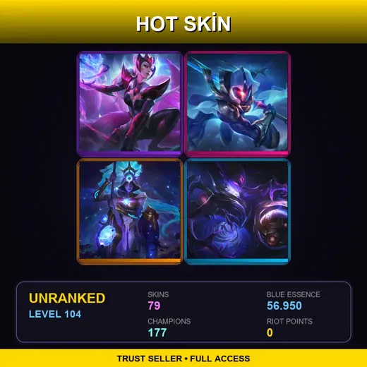 VN | Challenger Ahri | Battle Academia Leona | Blood Moon Twisted Fate | Cosmic Blade Master Yi | 79 Skin | 177 Champ | Lv104