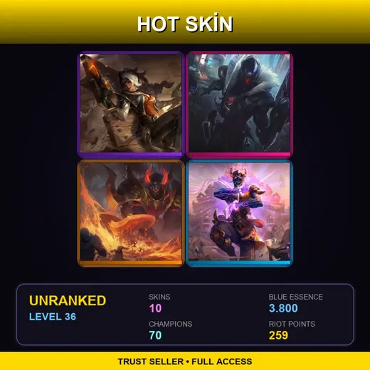 EUW | High Noon Samira | PROJECT: Jhin | Infernal Mordekaiser | Three Honors Malzahar | 10 Skin | 70 Champ | Lv36