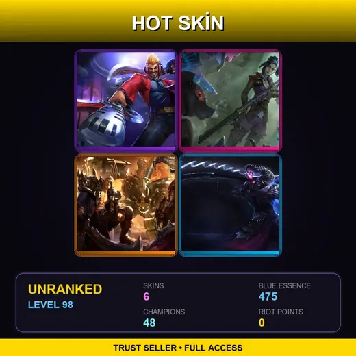 LAN | Primetime Draven | Arcane Enforcer Caitlyn | Ironside Malphite | Headhunter Master Yi | 6 Skin | 48 Champ | Lv98 — LoL account
