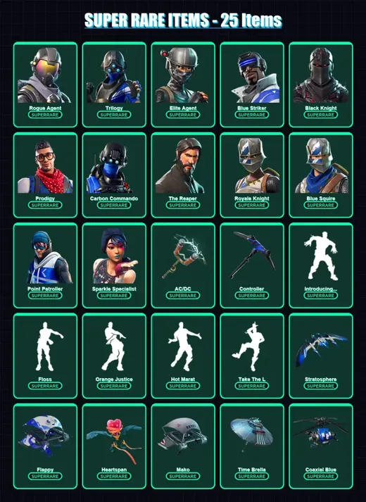 [PS4/PS5/XBOX/PC] | Rogue Agent | Trilogy | Elite Agent | Blue Striker | Black Knight | 73 skin | 90 pickaxe | 79 emote | 103 glider | Lv1184