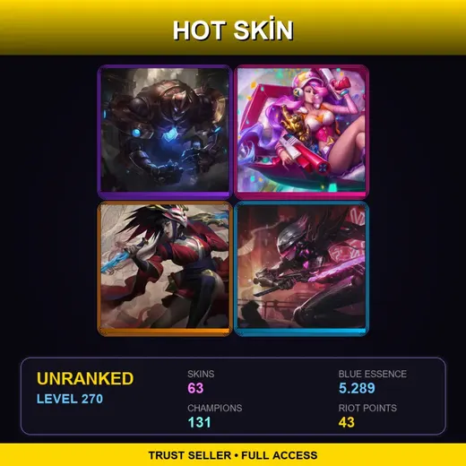 LAS | Hextech Galio | Arcade Miss Fortune | Blood Moon Akali | PROJECT: Fiora | 63 Skin | 131 Champ | Lv270 — LoL account