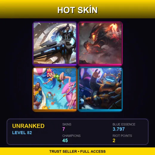 EUW | Pulsefire Caitlyn | Firefang Warwick | Pool Party Zoe | Nunu & Willump Bot | 7 Skin | 45 Champ | Lv82