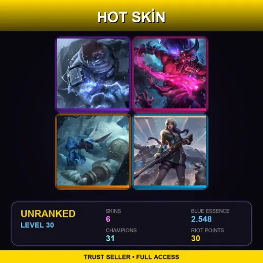 RU | Northern Storm Volibear | Dark Crystal Ryze | Tundra Hunter Warwick | Arctic Warfare Caitlyn | 6 Skin | 31 Champ | Lv30