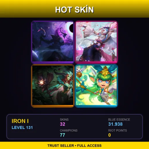 EUW | Dark Star Thresh | Spirit Blossom Syndra | Elderwood LeBlanc | Star Guardian Lulu | 32 Skin | 77 Champ | Iron I | Lv131