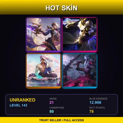 BR | Victorious Fiora | Cosmic Reaver Kassadin | Spirit Blossom Yasuo | Blood Moon Katarina | 21 Skin | 80 Champ | Lv142