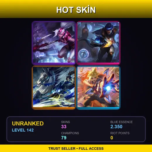 SG | Challenger Nidalee | Battle Academia Ezreal | Pulsefire Twisted Fate | Warring Kingdoms Xin Zhao | 33 Skin | 79 Champ | Lv142 — Fnatic Corki