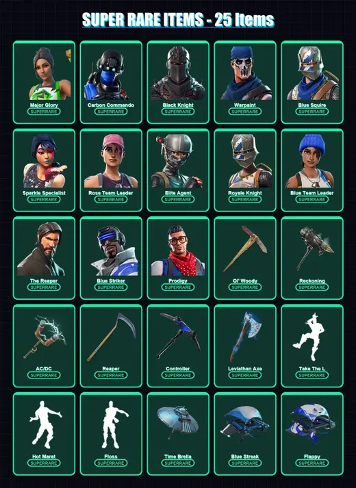 [PC/XBOX/PSN] | Major Glory | Carbon Commando | Black Knight | Warpaint | Blue Squire | 115 skin | 111 pickaxe | 107 emote | 103 glider | Lv1785