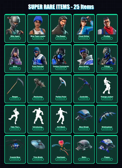 [PC/XBOX/PSN] | Elite Agent | Blue Team Leader | The Reaper | Cloud Striker | Prodigy | 129 skin | 112 pickaxe | 97 emote | 116 glider | Lv1653