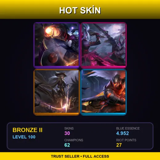 SG | Dark Star Varus | Blood Moon Master Yi | High Noon Ashe | PROJECT: Yasuo | 30 Skin | 62 Champ | Bronze II | Lv100