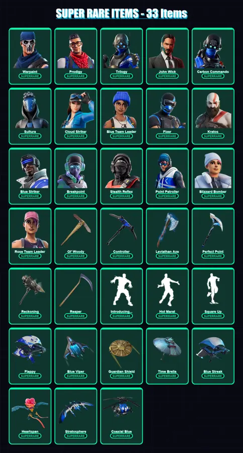 [PS4/PS5/PC] | Warpaint | Prodigy | Trilogy | John Wick | Carbon Commando | 193 skin | 177 pickaxe | 147 emote | 157 glider | Lv2054