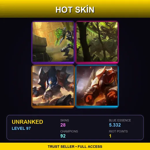 LAS | Hextech Singed | Elderwood Hecarim | Odyssey Malphite | Infernal Alistar | 28 Skin | 92 Champ | Lv97