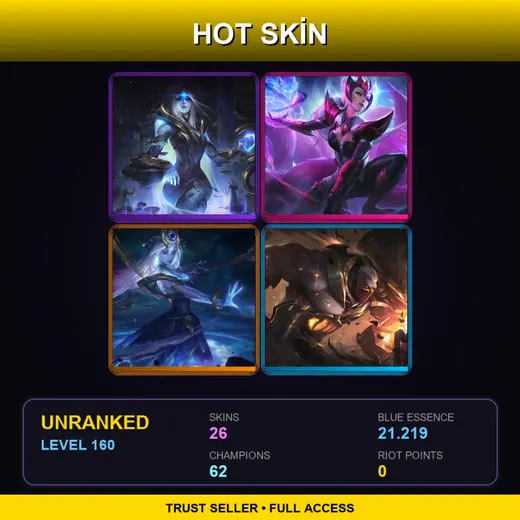 LAS | Challenger Ahri | High Noon Sion | Cosmic Queen Ashe | Blood Moon Akali | 26 Skin | 62 Champ | Lv160