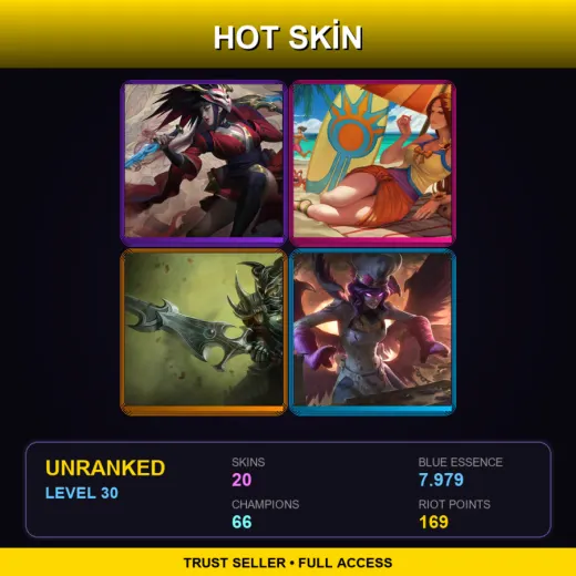 NA | Blood Moon Akali | Pool Party Leona | Darkforge Jarvan IV | Sinful Succulence Morgana | 20 Skin | 66 Champ | Lv30