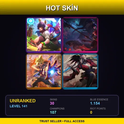 LAS | Battle Academia Ezreal | Blood Moon Akali | Blood Moon Talon | Arcade Ahri | 30 Skin | 107 Champ | Lv141