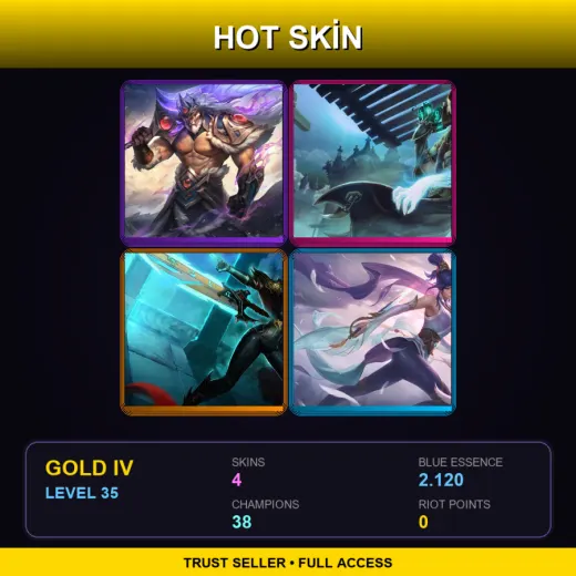 EUNE | Victorious Tryndamere | Underworld Twisted Fate | Crimson Elite Riven | Soaring Sword Fiora | 4 Skin | 38 Champ | Gold IV | Lv35
