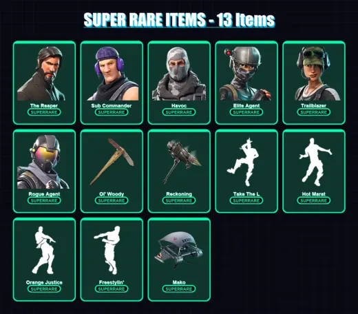 [PC/XBOX/PSN] | The Reaper | Sub Commander | Havoc | Elite Agent | Trailblazer | 52 skin | 45 pickaxe | 53 emote | 46 glider | Lv692