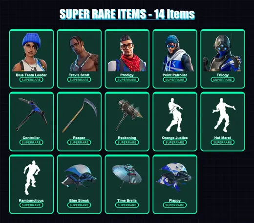 [PC] | Blue Team Leader | Travis Scott | Prodigy | Point Patroller | Trilogy | 102 skin | 75 pickaxe | 78 emote | 81 glider | Lv956