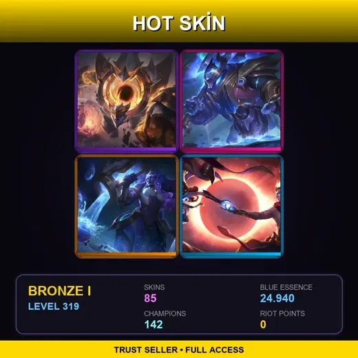 LAS | Prestige Dark Star Malphite | Cosmic Paladin Nautilus | Cosmic Invoker Illaoi | Cosmic Dawn Rakan | 85 Skin | 142 Champ | Bronze I | Lv319 — Moo Cow Alistar
