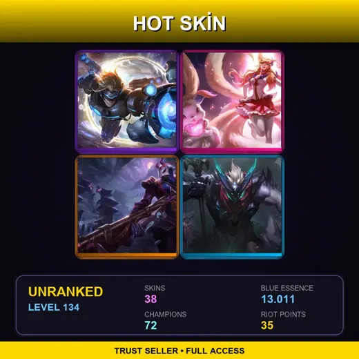 LAS | Pulsefire Ezreal | Star Guardian Ahri | Blood Moon Jhin | Dragon Knight Mordekaiser | 38 Skin | 72 Champ | Lv134
