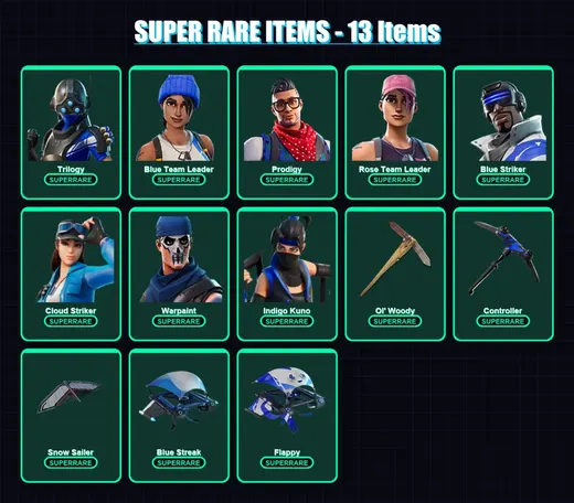 [PS4/PS5/XBOX/PC] | Trilogy | Blue Team Leader | Prodigy | Rose Team Leader | Blue Striker | 12 skin | 15 pickaxe | 7 emote | 13 glider | Lv55