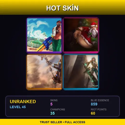 BR | Pool Party Graves | Santa Gragas | Pharaoh Nasus | Redeemed Riven | 5 Skin | 35 Champ | Lv45