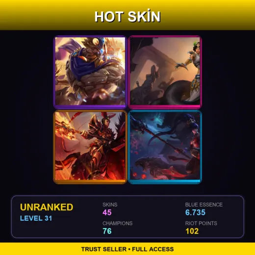EUW | Victorious Maokai | Mythic Cassiopeia | Warring Kingdoms Jarvan IV | Warring Kingdoms Nidalee | 45 Skin | 76 Champ | Lv31