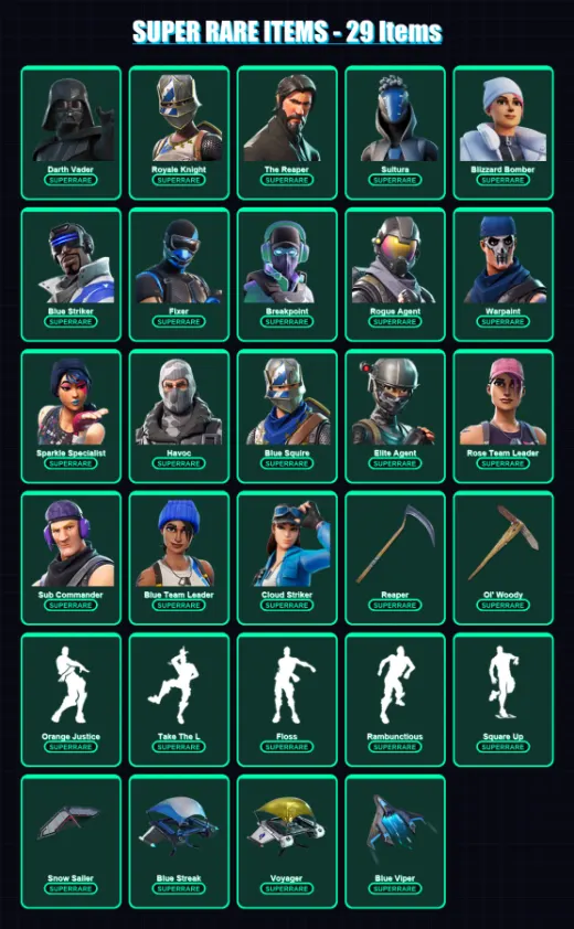 [PS4/PS5/XBOX/PC] | Darth Vader | Royale Knight | The Reaper | Sultura | Blizzard Bomber | 193 skin | 155 pickaxe | 164 emote | 128 glider | Lv1936