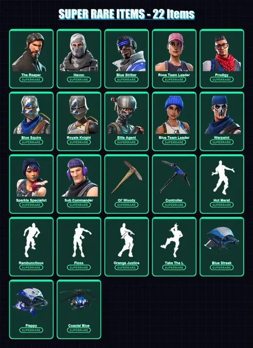[PS4/PS5/XBOX/PC] | The Reaper | Havoc | Blue Striker | Rose Team Leader | Prodigy | 64 skin | 52 pickaxe | 61 emote | 50 glider | Lv448