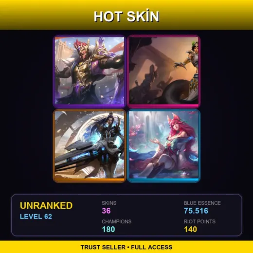 VN | Victorious Draven | Mythic Cassiopeia | Spirit Blossom Ahri | Pulsefire Caitlyn | 36 Skin | 180 Champ | Lv62