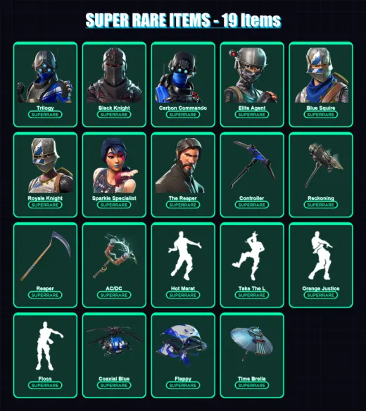 [PC/XBOX/PSN] | Trilogy | Black Knight | Carbon Commando | Elite Agent | Blue Squire | 82 skin | 114 pickaxe | 123 emote | 120 glider | Lv2382