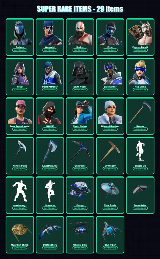 [PS4/PS5/XBOX/PC] | Sultura | Warpaint | Kratos | Fixer | Psycho Bandit | 262 skin | 252 pickaxe | 188 emote | 176 glider | Lv2037 — Game account