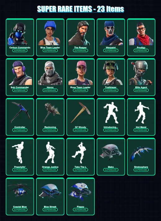 [PS4/PS5/XBOX/PC] | Carbon Commando | Blue Team Leader | The Reaper | Warpaint | Prodigy | 78 skin | 78 pickaxe | 87 emote | 87 glider | Lv1083