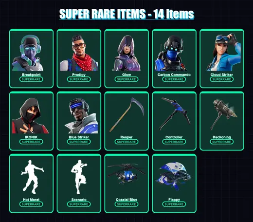 [PS4/PS5/XBOX/PC] | Breakpoint | Prodigy | Glow | Carbon Commando | Cloud Striker | 123 skin | 126 pickaxe | 115 emote | 113 glider | Lv1745